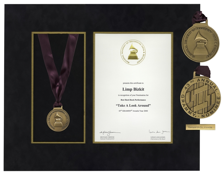 Grammy Nomination Medal & Certificate -- Awarded for Best Hard Rock Performance in 2000 to Limp Bizkit