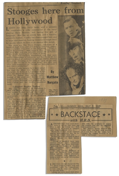 Moe Howard's Newspaper Clippings From the 1930s -- Dozens of Clippings, Some Glued to Board Regarding Their Shows in London in 1939, and Earlier From 1934 -- Very Good