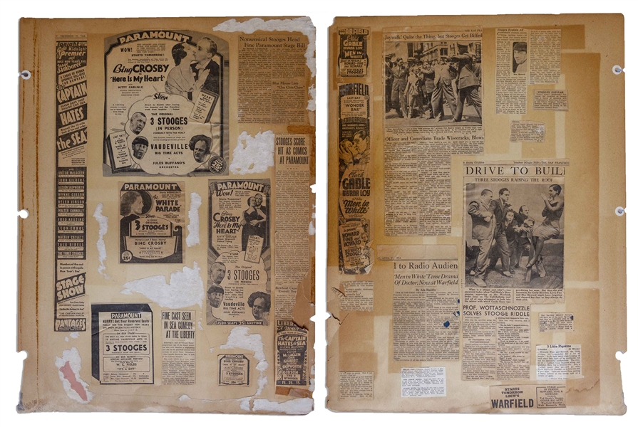 Six 18'' x 24'' Scrapbook Pages With Moe's News Clippings From 1934 -- Chipping & Toning, Overall Good Condition