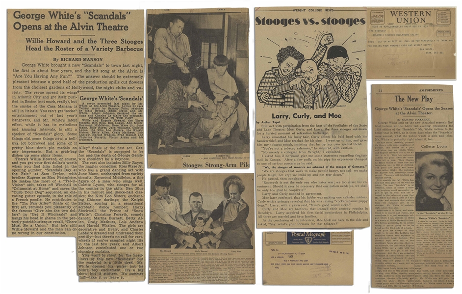 Moe Howard's Newspaper Clippings and Telegrams from 1935-1940 -- Dozens of Clippings & 5 Telegrams, Most Sent to Moe in 1939 When The Three Stooges Debuted in London -- Very Good Condition