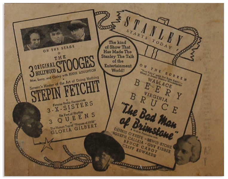 Circa 1937 Handbill Measuring 8.75'' x 6'', for a 3 Stooges Show, Glued to 18'' x 24'' Scrapbook Sheet With Moe's News Clippings From 1937 -- Chipping & Toning, Overall Good