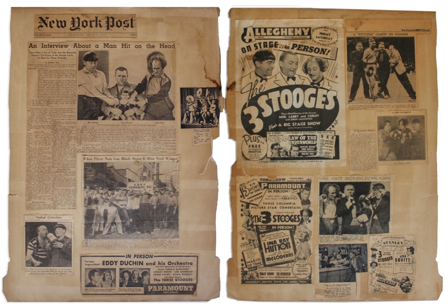 Two 18'' x 24'' Scrapbook Pages With Moe's News Clippings From 1938 -- Chipping & Toning, Overall Good