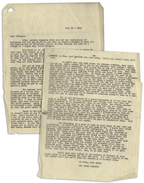 Very Funny Letter, Likely Template for a Fan Club Letter, Dated July 1934 -- The Three Stooges Tell Their Fans What Hollywood Is Like -- 2pp., 8.5 x 11 -- Chipping to Sides, Overall Very Good