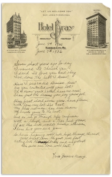 Moe Howard 1932 Autograph Poem Signed ''Beansie'' to His Wife on Their 7th Wedding Anniversary -- Measures 5.75'' x 9.25'' on Hotel Bray Stationery From Kansas City -- Very Good