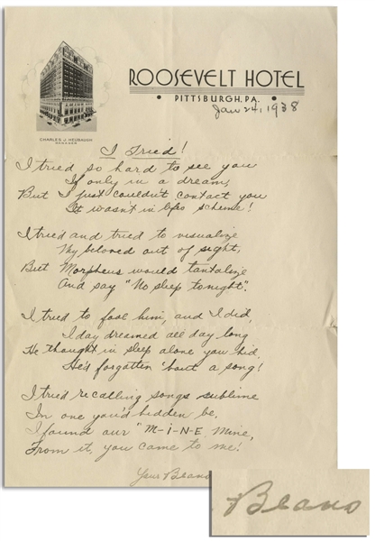 Moe Howard Handwritten Poem Signed ''Your Beans'' to His Wife, Dated 24 January 1938 on Roosevelt Hotel Stationery in Pittsburgh -- Measures 7.25'' x 10.5'' -- Very Good Condition
