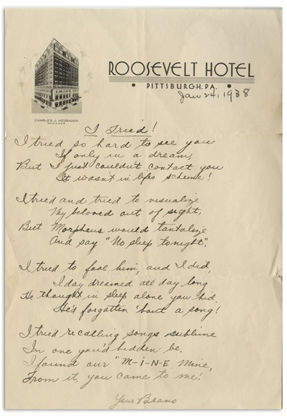 Moe Howard Handwritten Poem Signed ''Your Beans'' to His Wife, Dated 24 January 1938 on Roosevelt Hotel Stationery in Pittsburgh -- Measures 7.25'' x 10.5'' -- Very Good Condition