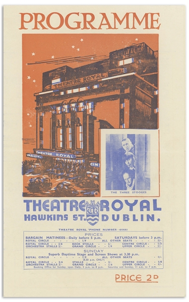Dublin's ''Theatre Royal'' Programme Advertising The Three Stooges on Its Cover, Where They Debuted on 26 June 1939 -- 4pp. Including Covers Measures 6.25'' x 10'' Folded -- Very Good
