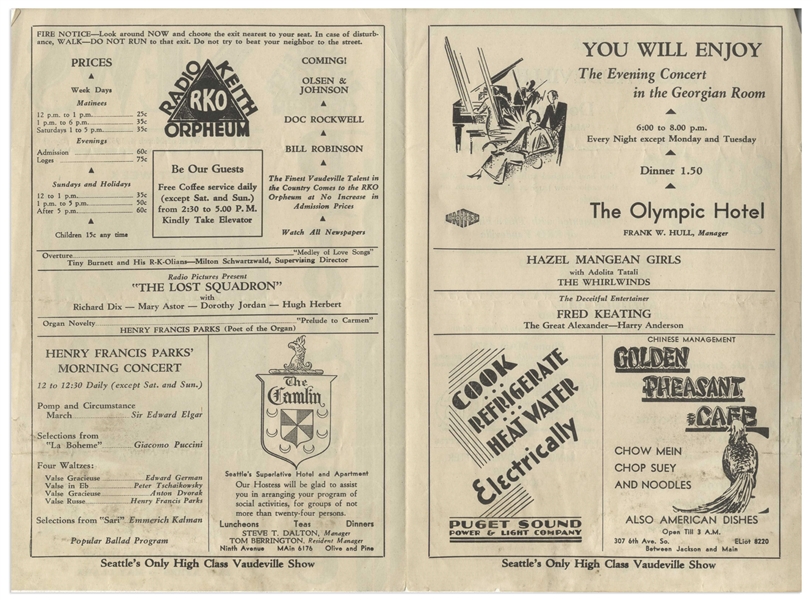 March 1932 ''Coming Events'' Program for the RKO-Orpheum in Seattle That Debuted Howard, Fine & Howard ''Three Lost Soles'', Advertised on Back Cover -- 6'' x 9'' -- Sticker on Front, Else Very Good