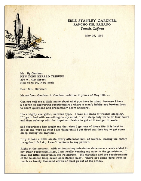 'Perry Mason'' Author Erle Stanley Gardner Typed Letter Signed -- ''...You want to know what it is that makes male stars in the late fifties still attractive to young girls...''