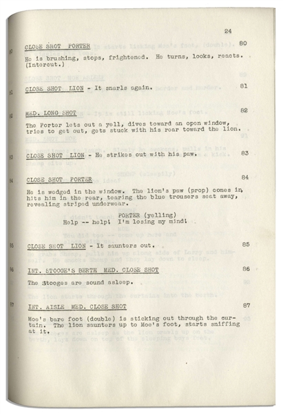 Moe Howard's 29pp. Script Dated December 1946 for The Three Stooges Film ''Hold That Lion!'' -- Only Film Starring 4 Stooges With Curly Making a Cameo on Page 19 as Snoring Passenger -- Very Good