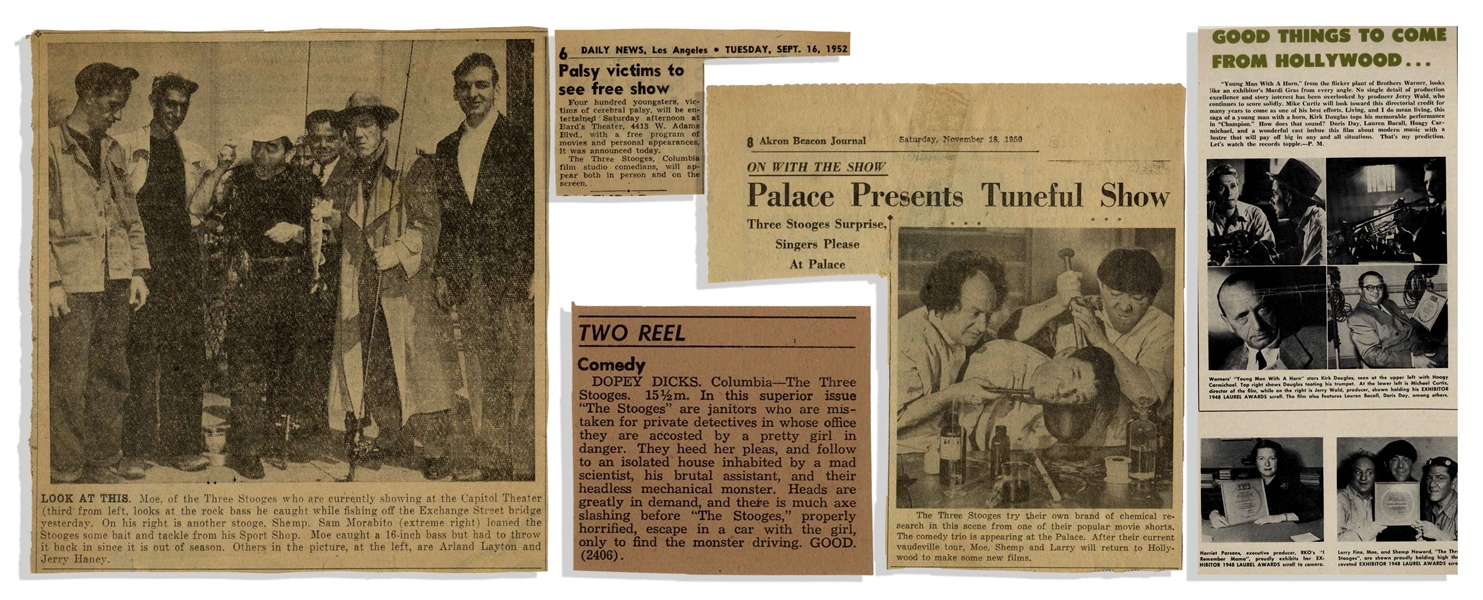 Over 3 Dozen Newspaper Clippings From Moe Howard's Scrapbook, From the Shemp Era Circa 1948 -- Includes 8'' x 11'' Flyer Promoting The Three Stooges Stage Shows -- Very Good Condition