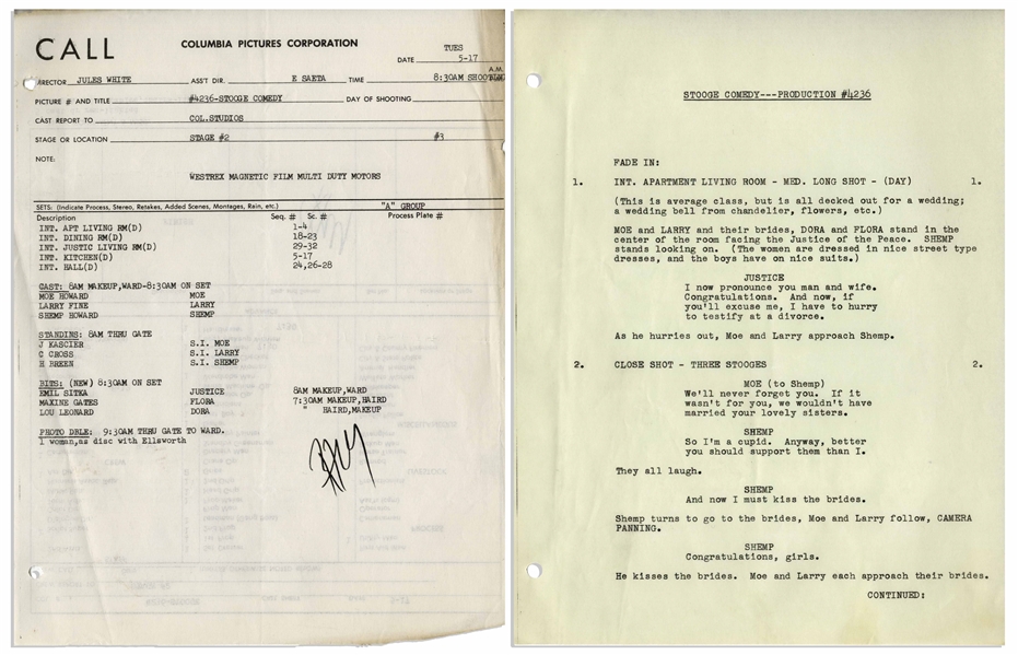 Moe Howard's 10pp. Script Dated May 1955 for The Three Stooges Film ''Husbands Beware'', Working Title ''Eat, Drink and Be Married'' -- Signed by Moe on Cover & With Call Sheet -- Very Good Plus