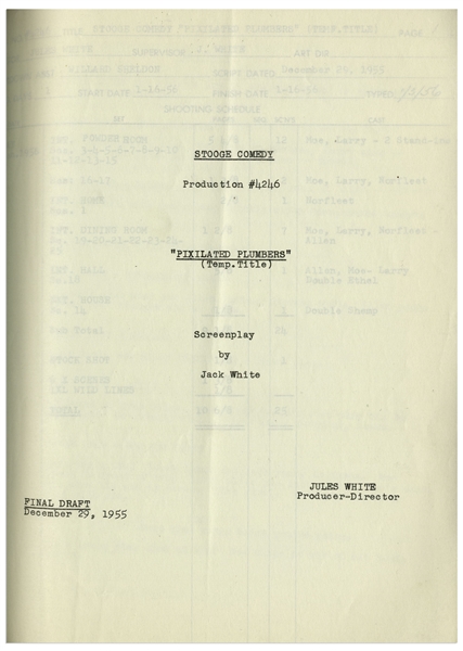 Moe Howard's 11pp. Script Dated December 1955 for The Three Stooges Film ''Scheming Schemers'' -- With Additional 9pp. of Shooting Schedule, Script Revisions & Shot List -- Very Good Condition