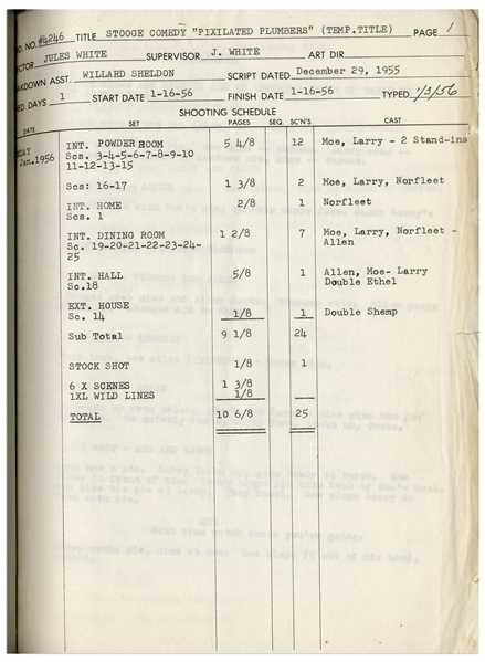 Moe Howard's 11pp. Script Dated December 1955 for The Three Stooges Film ''Scheming Schemers'' -- With Additional 9pp. of Shooting Schedule, Script Revisions & Shot List -- Very Good Condition