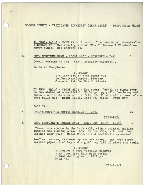 Moe Howard's 11pp. Script Dated December 1955 for The Three Stooges Film ''Scheming Schemers'' -- With Additional 9pp. of Shooting Schedule, Script Revisions & Shot List -- Very Good Condition