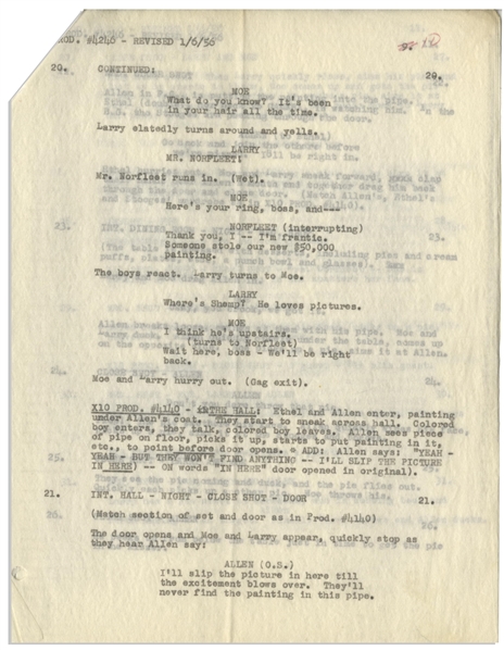 Moe Howard's 11pp. Script Dated December 1955 for The Three Stooges Film ''Scheming Schemers'' -- With Additional 9pp. of Shooting Schedule, Script Revisions & Shot List -- Very Good Condition