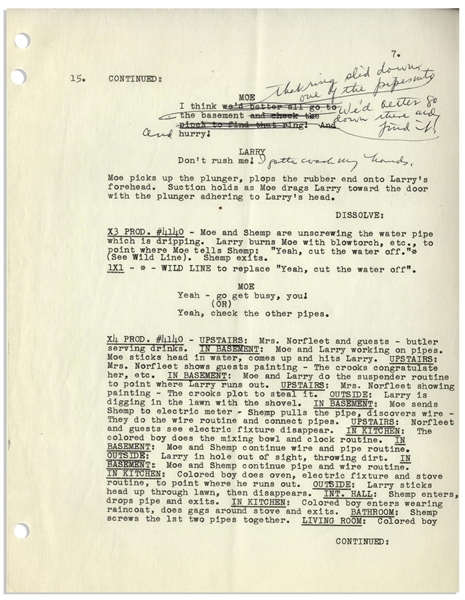 Moe Howard's 11pp. Script Dated December 1955 for The Three Stooges Film ''Scheming Schemers'' -- With Additional 9pp. of Shooting Schedule, Script Revisions & Shot List -- Very Good Condition