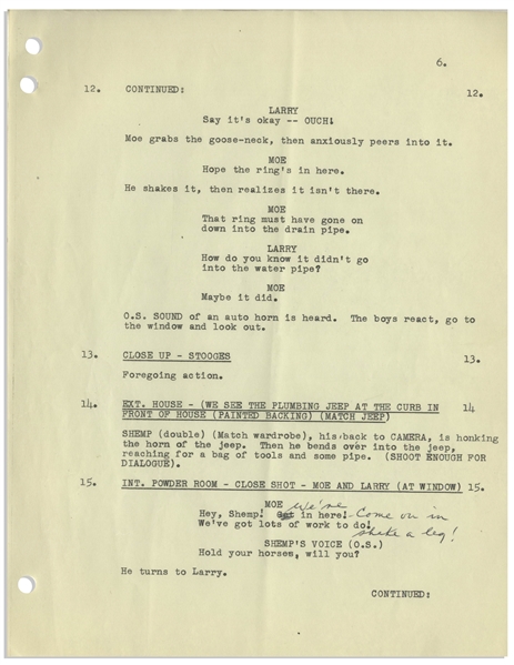 Moe Howard's 11pp. Script Dated December 1955 for The Three Stooges Film ''Scheming Schemers'' -- With Additional 9pp. of Shooting Schedule, Script Revisions & Shot List -- Very Good Condition