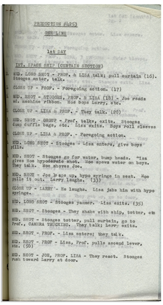 Moe Howard's 24pp. Script Dated August 1956 for The Three Stooges Film ''Space Ship Sappy'' -- With Moe's Annotations & Signatures & Additional 12pp. Script Changes, Shot List & Schedule -- Very Good