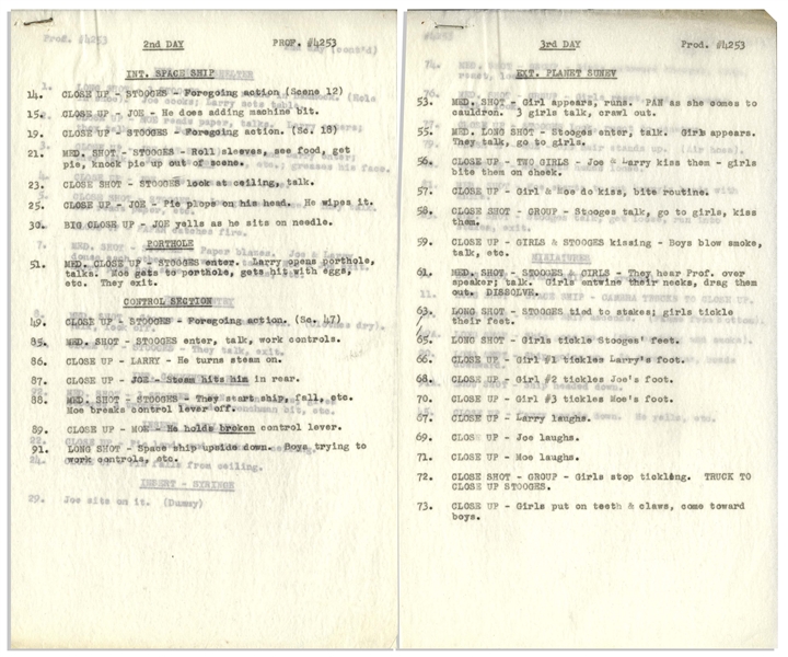 Moe Howard's 24pp. Script Dated August 1956 for The Three Stooges Film ''Space Ship Sappy'' -- With Moe's Annotations & Signatures & Additional 12pp. Script Changes, Shot List & Schedule -- Very Good