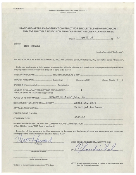 Two 1973 Contracts Signed by Moe Howard -- One to Appear on the Mike Douglas Show With Carbons, Other Between Moe Howard & Norman Maurer Productions -- Both 8.5'' x 11'', Very Good