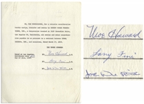 Three Stooges Signed Agreement With Coral Records, Dated June 1959 -- Signed by Moe Howard, Larry Fine & Joe DeRita -- Single Page Measures 8.5 x 11 -- Very Good Condition