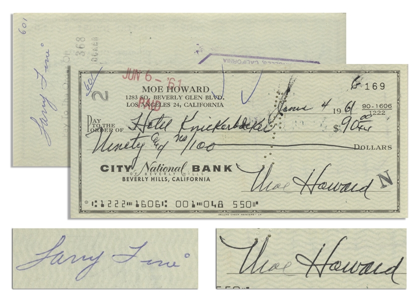 Check Verso Lot Detail - Moe Howard Check Signed, and Then Endorsed by Larry Fine ...