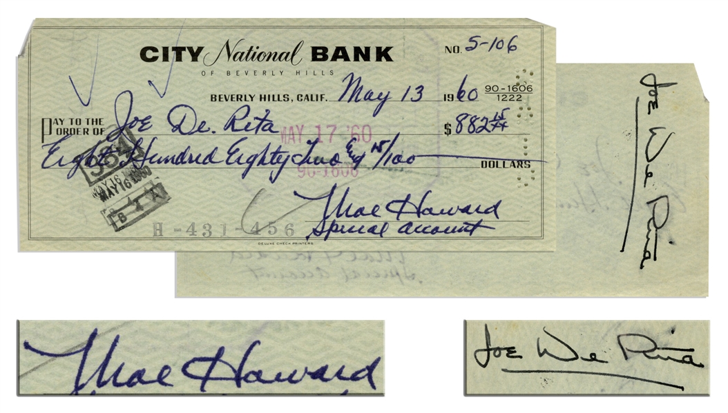 Check Verso Lot Detail - Moe Howard Check Signed to Joe DeRita -- Endorsed by ...