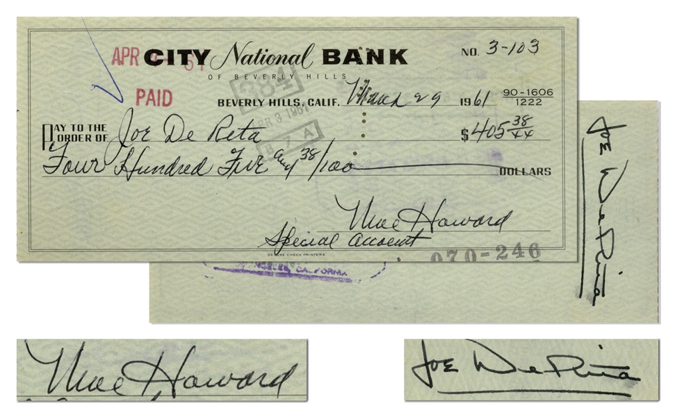 Check Verso Lot Detail - Moe Howard Check Signed to Joe DeRita -- Endorsed by ...