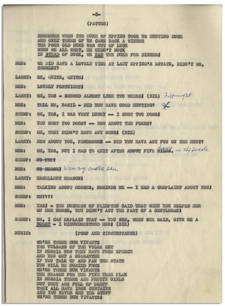 Moe Howard's 6pp. Script for the Comedic Sketch ''We're Three Bum Vivants'', With Shemp, Circa Early 1950s -- Annotated by Moe -- Pages Stapled at Side Measure 8.5'' x 11'' -- Very Good Condition