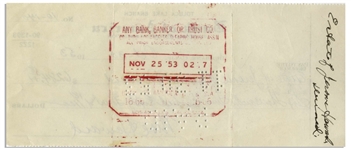 Moe Howard Signed Check to the Curly Howard Estate -- Filled Out by Moe, ''Estate of Jerome Howard Deceased'', Dated 30 October 1953 -- Very Good Plus Condition