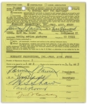 Moe Howard Thrice-Signed Bank of America Document Upon Opening the Bank Account for ''3 Stooges Meet the Martians'' -- Measures 5'' x 6'' -- Near Fine Condition
