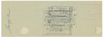 Moe Howard Check Signed to Larry Fine & Endorsed by Larry on Verso, Dated 8 April 1960 -- 8.25'' x 3'' -- Very Good