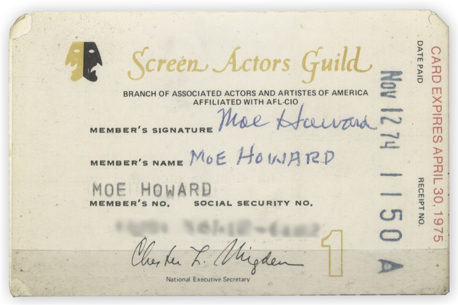 Moe Howard's Signed SAG Card -- His Last Screen Actors Guild Card From 1974 -- Measures 3.75'' x 2.25'' -- Near Fine
