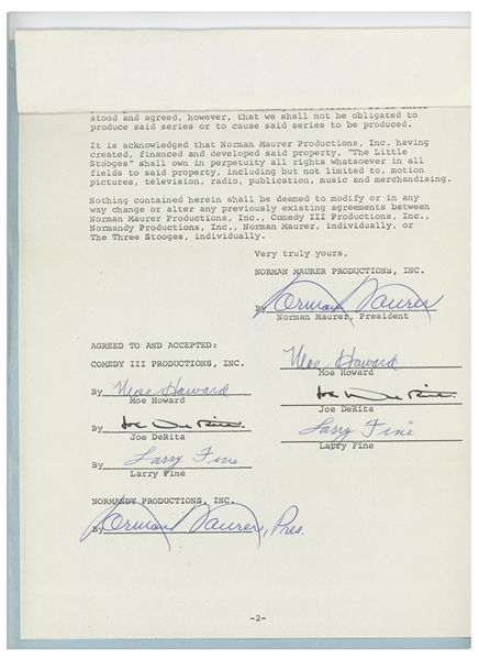 The Three Stooges Signed Agreement From May 1970 Regarding ''Little Stooges'' -- Signed Twice by Moe Howard, Larry Fine & Joe DeRita -- 2pp. Stapled to Folder Measuring 9'' x 11.5'' -- Near Fine