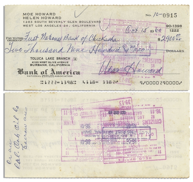 Moe Howard Lot of Two Checks Signed, One Dated 15 October 1960 Measuring 7'' x 3.25'' -- Second Check Made Out to His Daughter's Family, Dated 25 June 1973 and Measuring 8.25'' x 3'' -- Very Good