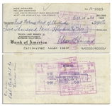Moe Howard Lot of Two Checks Signed, One Dated 15 October 1960 Measuring 7'' x 3.25'' -- Second Check Made Out to His Daughter's Family, Dated 25 June 1973 and Measuring 8.25'' x 3'' -- Very Good
