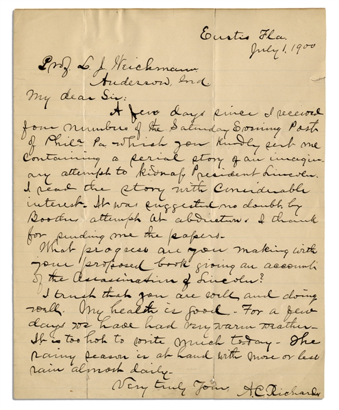 Abraham Lincoln Assassination Letter to Boarder at the Surratt House -- ''...an imaginary attempt to kidnap President Lincoln...was suggested, no doubt, by Booth's attempt at abduction...''