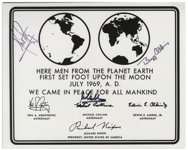Apollo 11 Crew Signed 10'' x 8'' NASA Photo of the Apollo 11 Plaque -- With Bold, Uninscribed Signatures -- With Steve Zarelli COA