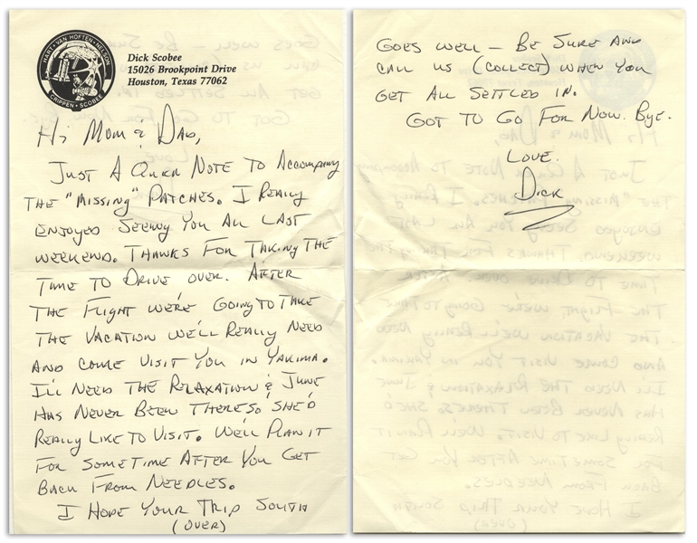 Dick Scobee Autograph Letter Signed to His Parents, Three Months Before the Challenger Disaster -- ''...After the flight we're going to take the vacation we'll really need...''