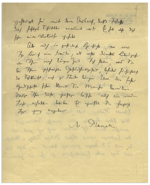 Max Planck Autograph Letter Signed, Musing on the First Law of Thermodynamics -- ''...Mayer had burst into his room exclaiming...that water could be warmed by means of vigorous shaking...''