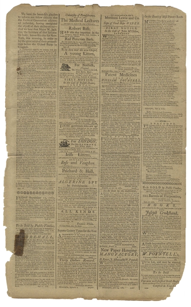 Philadelphia Newspaper From 18 September 1787, Reporting on the Constitutional Convention That Ended a Day Earlier on 17 September, When the U.S. Constitution Was Signed