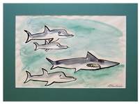 Ludwig Bemelmans Watercolor From ''Marina'', Measuring 24'' x 16.5'' -- Featuring the Shark Who Swallows Marina & the Porpoises Who Save Her