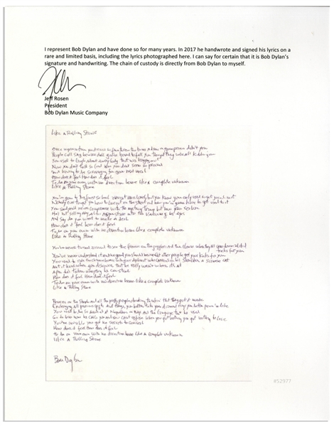 Bob Dylan Signed, Handwritten Lyrics to ''Like a Rolling Stone'' -- The Quintessential Rock Song -- With COA From Dylan's Manager
