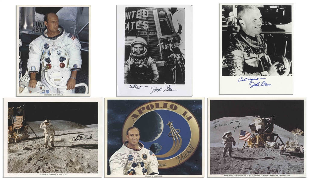 Lot of 6 Astronaut Signed 8'' x 10'' Photos -- Includes Jim Irwin, Charlie Duke, Charles Conrad, John Glenn & Ed Mitchell -- Irwin Writes ''His Love From the Moon'' on His Signed Photo