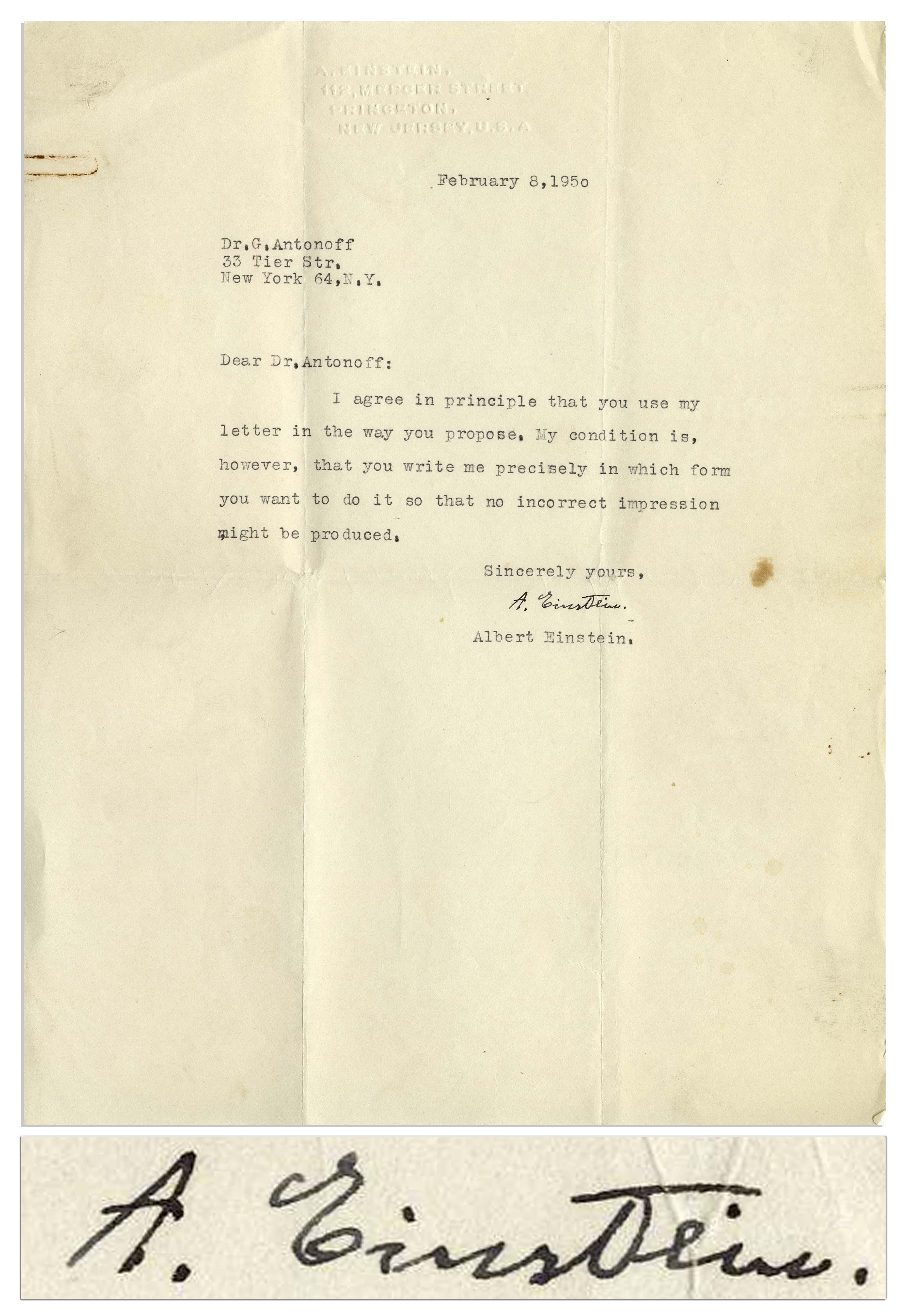 Lot Detail - Albert Einstein Letter Signed, Regarding the Use of a ...