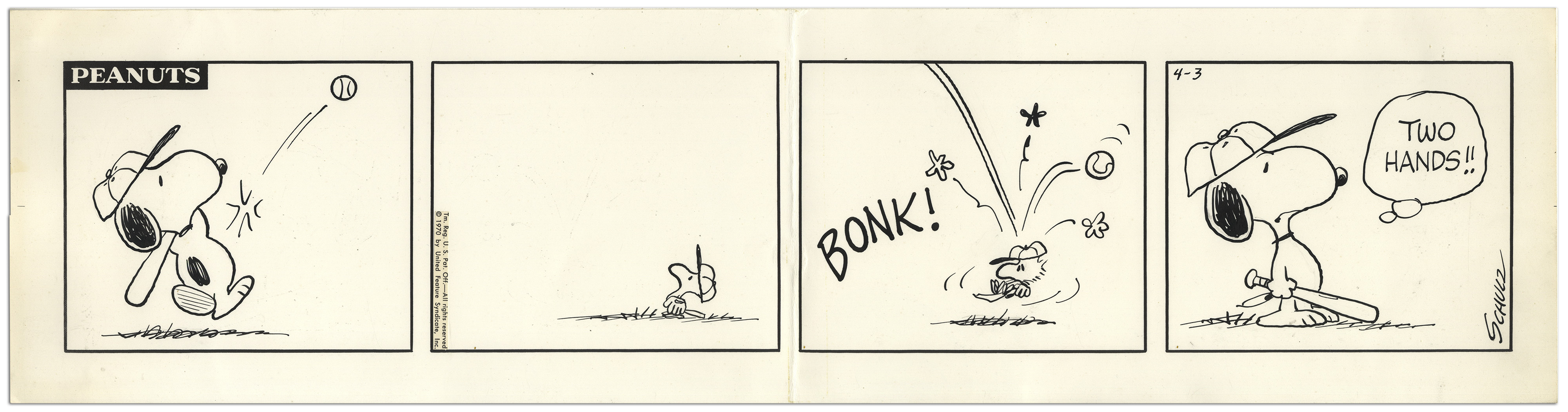 Lot Detail - Charles Schulz Original Hand-Drawn ''Peanuts'' Comic Strip --  Snoopy Hits a Baseball to Woodstock, Who's About as Big as the Ball