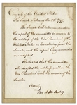 Samuel Otis Document Signed From 1797 as Secretary of the U.S. Senate -- Otis Confirms John Adams' Retirement from the Senate on the Occasion of Adams' Presidential Inauguration