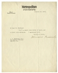 Theodore Roosevelt Letter Signed as Editor of Metropolitan Magazine -- ''That's a mighty nice letter of yours and a mighty nice editorial...''