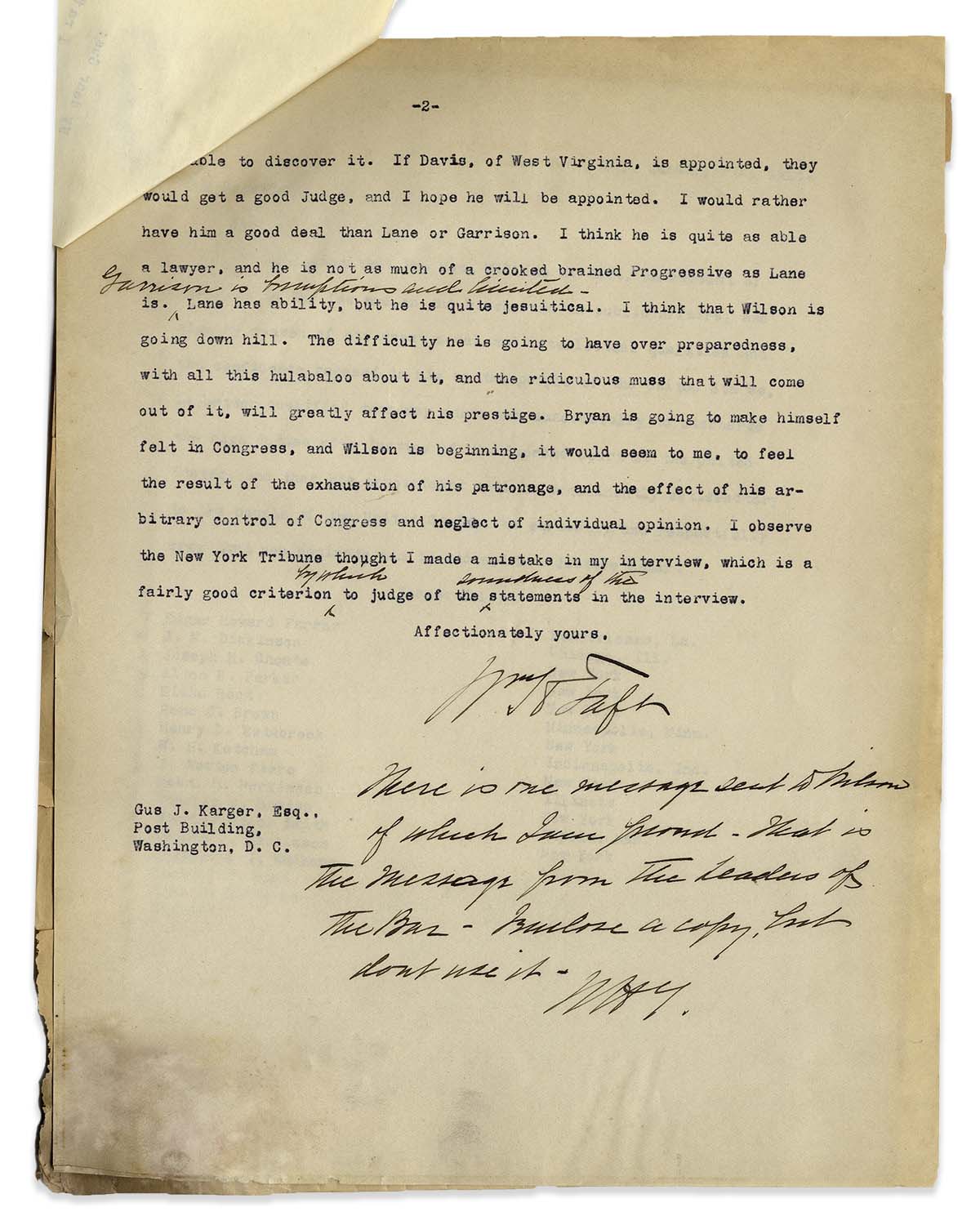 Lot Detail - William Taft Letter Signed, With Additional Autograph Note ...